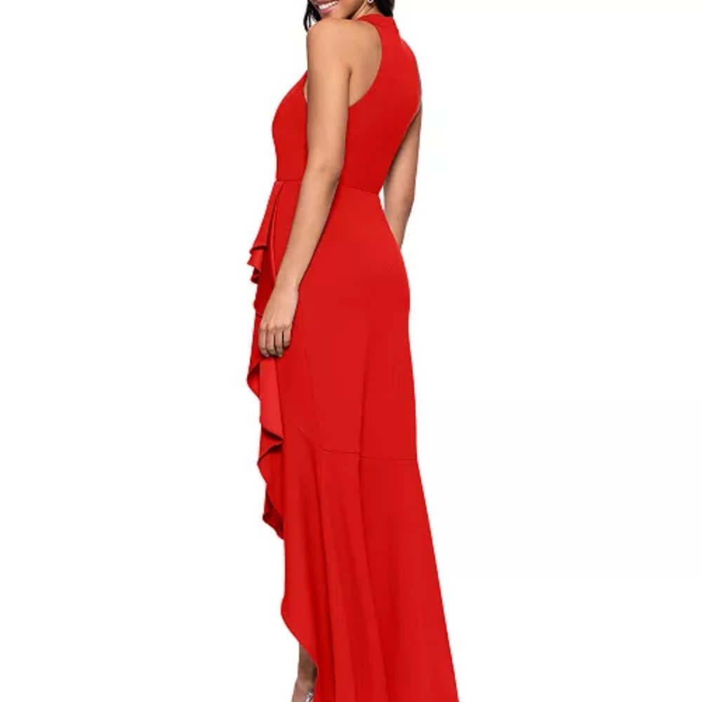Betsy & Adam Red Halter High-Low Ruffle Gown - Picture 3 of 6